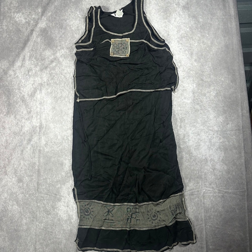 Vintage Piccalino Petite Black Artsy Midi Dress Contrast Stitch Graphic Hem 10P